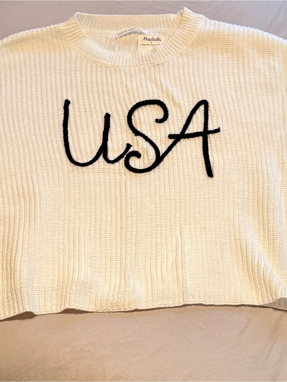 NWT Moon & Madison USA Embroidered Cropped Knit Sweater Flared Bell Sleeve L